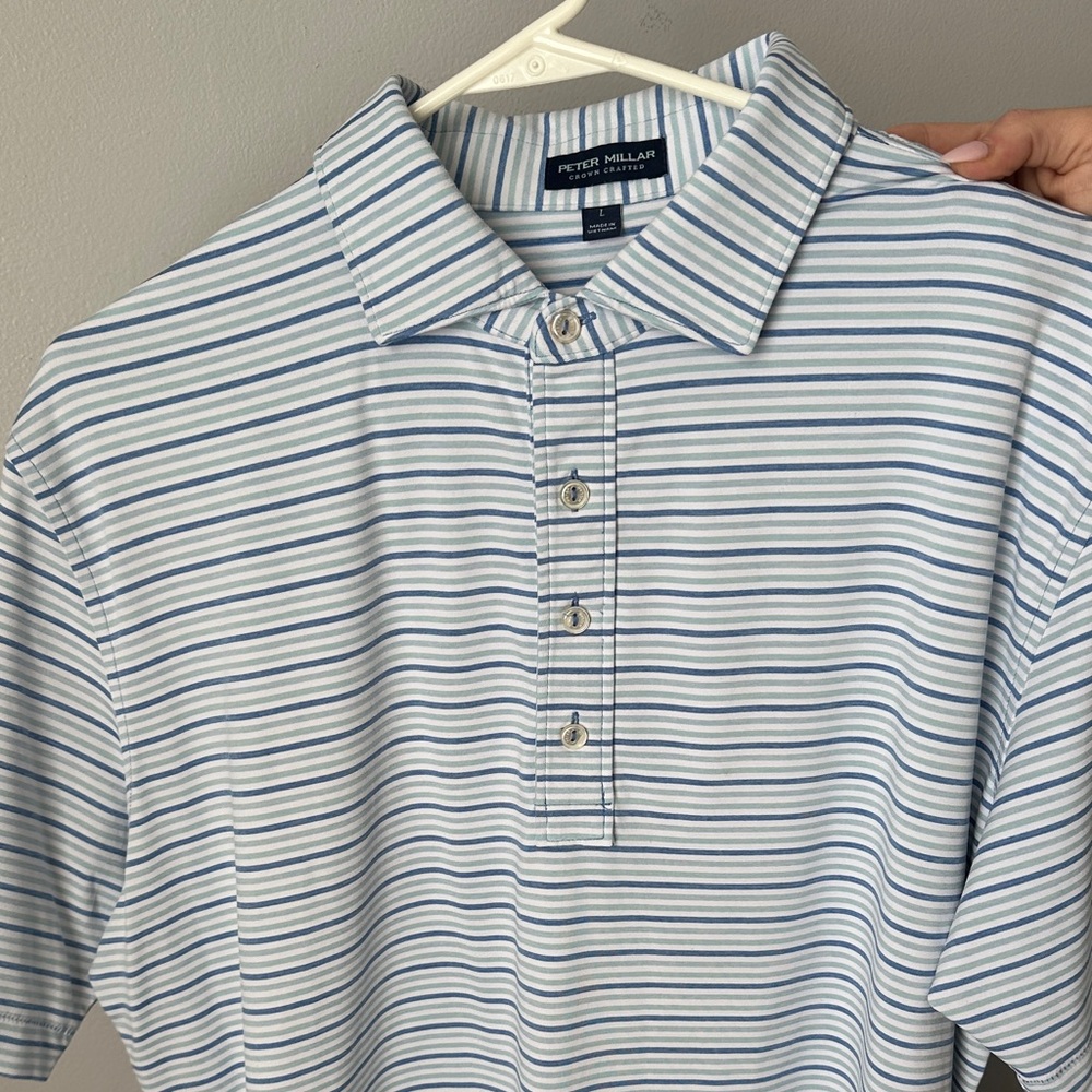 Peter Millar White and Blue Striped Polo Shirt